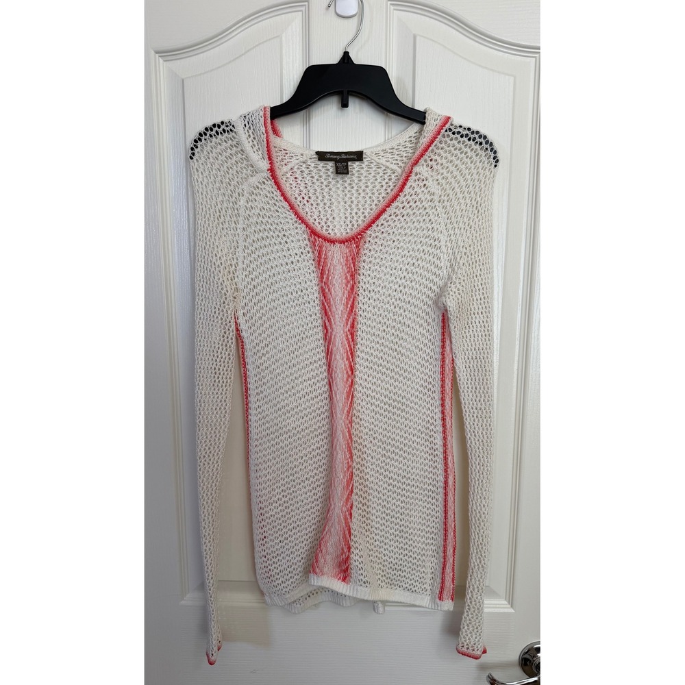 Tommy Bahama Open Knit Crochet Long Sleeve Women's XS Coverup Sweater White.